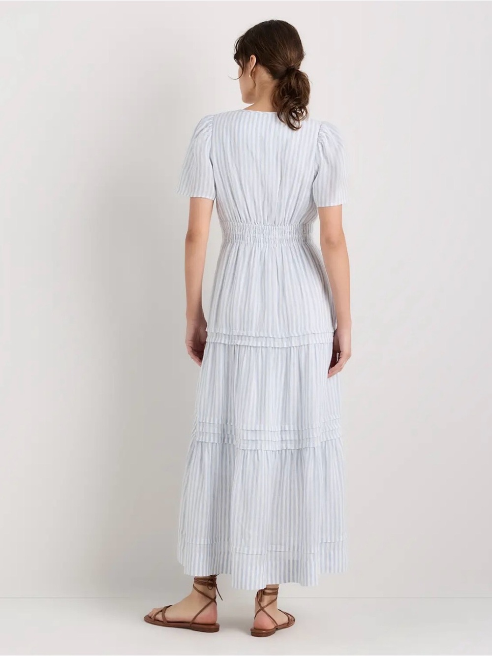 QUINCE 100% EUROPEAN LINEN TIERED MAXI DRESS XL LIGHT BLUE STRIP MSRP $84 NWT - Picture 4 of 14